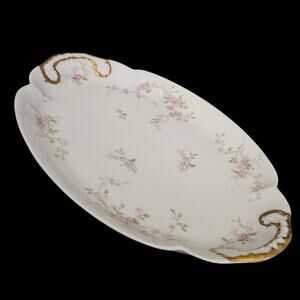 Vintage Theodore Haviland Limoges France 12” Handled Platter Pink Roses Gold